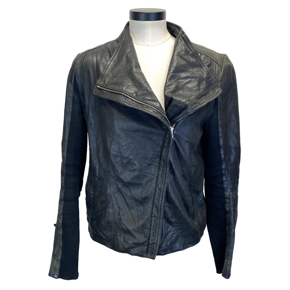 Trouve Women's Size Small Leather Ribbed Moto Jacket Asymmetrical Zip Black FLAW